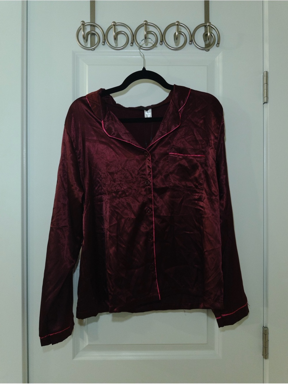 Fashion Nova Satin Pajama Top in Burgundy with Pink Piping